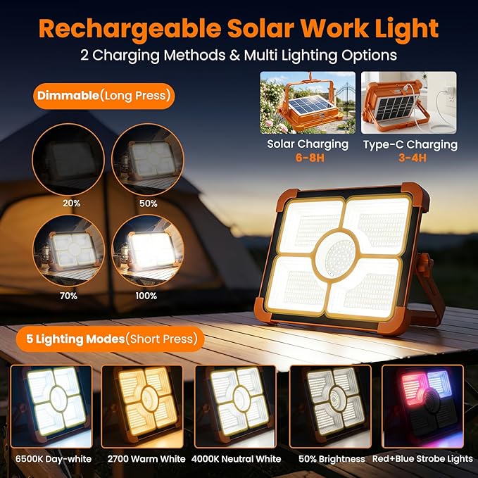 Rechargeable Camping Light with Tripod Stand, 12000mAh Solar Work Light Portable, Cordless LED Job Light 12000LM with 5 Mode, Waterproof Camping Essentials Gear Car Repair Emergency Lighting with Hook