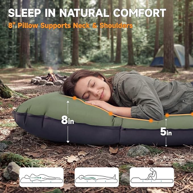 Camping Sleeping Pad, 5" Ultralight Inflatable Sleeping Mat with Pillow, Built-in Foot Pump Inflatable Sleeping Pads Compact for Camping Backpacking Hiking Traveling Tent (Green)