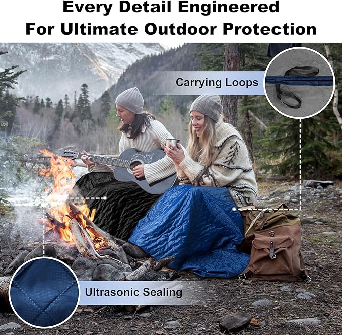 Waterproof Outdoor Blanket 82”X 55” Packable, Stadium Blankets for Camping with Quilted Fleece Lining, Large Windproof Emergency Throw for Garss Picnic Hiking Road Trip, Machine Washable, Navy 300GSM
