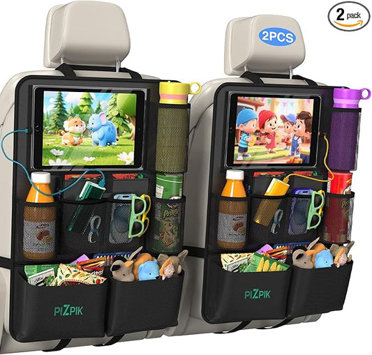 Plzpik Car Backseat Organizer with Tablet Holder,11 Storage Pockets with Foldable Food Tray, Protector Kick Mats for Kids, Travel Accessories Organizer (Black, 2-Pack)