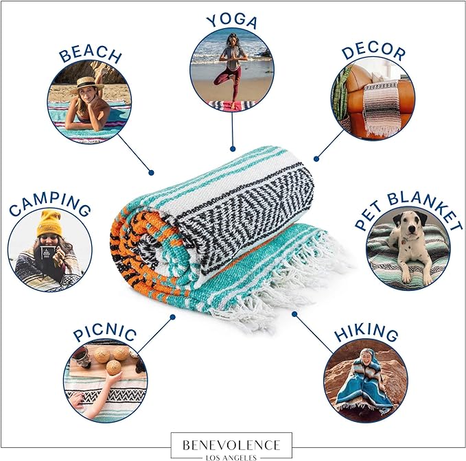 Benevolence LA Authentic Handwoven Mexican Blanket | Yoga Blankets, Outdoor, Picnic, Beach, Camping | Equestrian Saddle | Serape 50x70 inches - Mandarin, Pack of 1