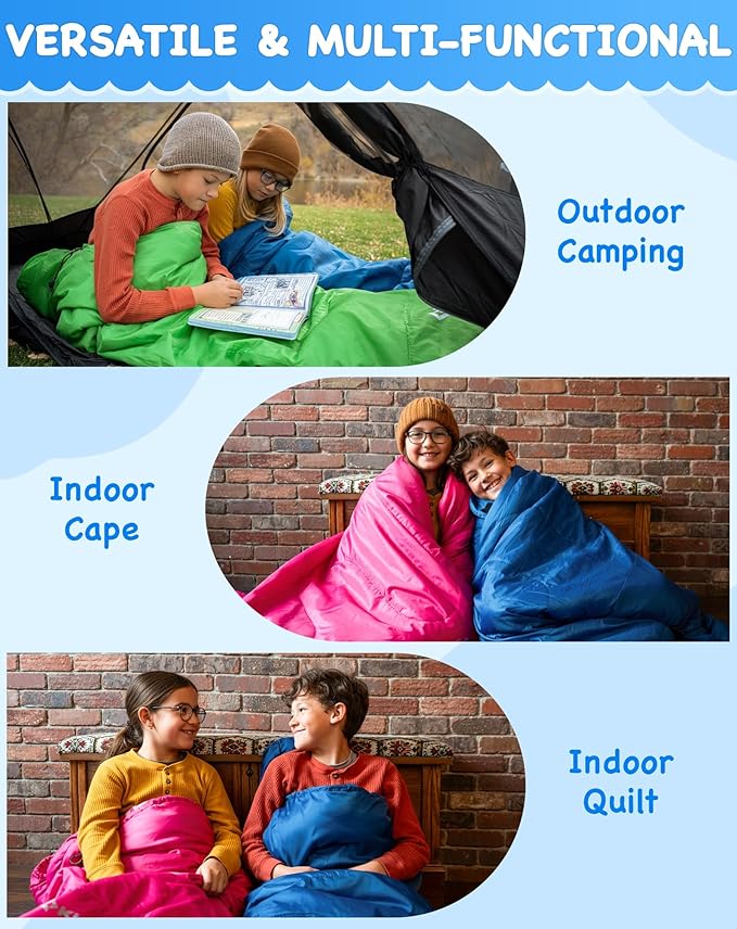 KingCamp 45°F Kids Sleeping Bag, Lightweight Waterproof & Compact Flannel Sleeping Bags Cold Weather & Warm Youth Essentials Gear Accessories for Camping, Fits 10-12 Children up to 4'7"-5'5" Tall