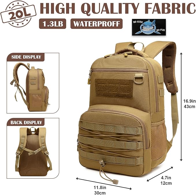Kids Tactical Backpack Army Molle Bookbag Military Boys Backpack for School, Outdoor, Travel, Camping, Brown