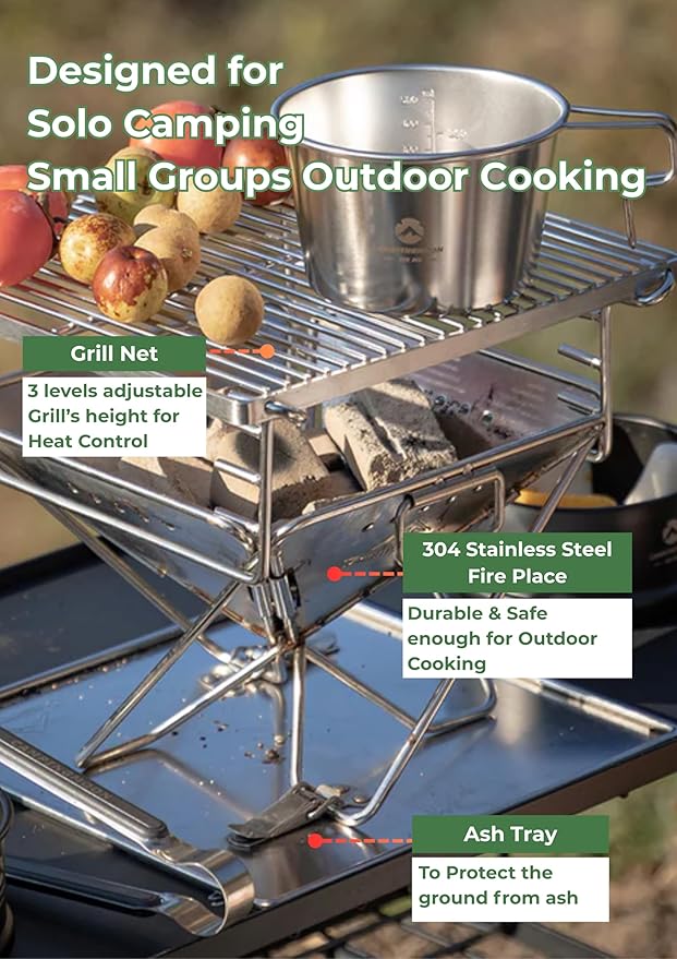 CAMPINGMOON X-MINI PRO Portable Charcoal Grill 9.65 Inch Stainless Steel Tabletop Grill Fire Pit 3 Level Adjustable Height Grill for Camping Outdoor Cooking Barbecue Carry Bag
