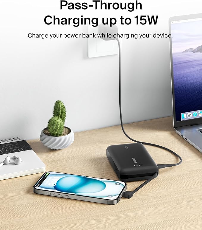 Belkin Portable Charger Power Bank USB C, 10000 mAh w/Integrated Cable, 20W Fast Charge USB-C Power Delivery, iPhone Charger, Apple iPhone 17, Air, Pro, Pro Max, iPad, Samsung Galaxy S25 - Black