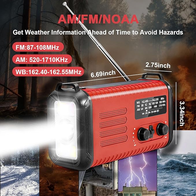 20000mAh Emergency Solar Radio with Hand Crank, NOAA Weather Radio & USB Charger - Portable Power Bank, LED Flashlight, SOS Alarm (red)