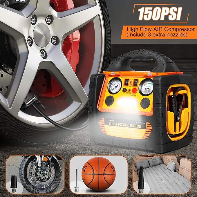 6 in 1 Jump Starter with Air Compressor 150 PSI Tire Inflator,Upgraded 1800A Peak 12V Portable Car Battery Jump Starter,400 Watt Inverter Power Station with AC/DC/USB Outlets (8.0L Gas/6L Diesel)