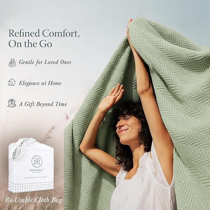 Threadmill Luxury Cotton Blankets Queen Size | All-Season 100% Cotton Blanket for Queen/Full Size Bed | Herringbone Soft Breathable | Sage Green