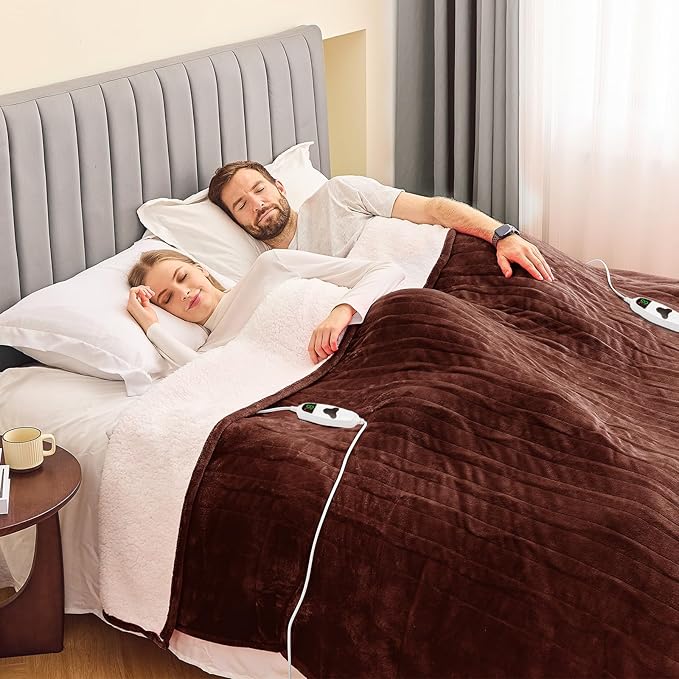 greenoak Heated Blanket Electric Queen Size 84"X90" Dual Control, Heating Blankets with 10 Levels 8 Hours Auto-Off, Soft Flannel Sherpa Fluffy House Warming Gifts for Grandma Seniors Mom,Mocha