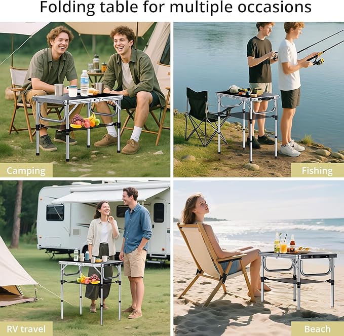 Anbte 2ft Folding Camping Table with Storage Net, 3 Adjustable Heights Small Folding Table Portable & Lightweight with Carry Handle, for Camping Fishing Picnic Beach Outdoor, 22.8"x 15.7", Silver