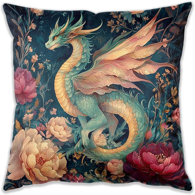 Fantasy Floral Dragon Pillow Cover 18x18, Dragon Nursery Room Decor, Whimsical Magical Fairytale Creature Animal Decorative Throw Pillow Cover for Home Bedroom Living Room Sofa Couch