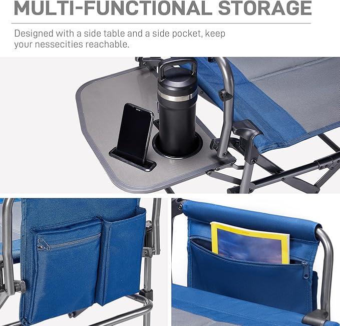 EVER ADVANCED Camping Directors' Chair with Side Table, Portable Folding with Compact Size, Heavy Duty Lawn Chair with Pocket for Camping, Lawn, Sports and Fishing, 400lbs, Blue