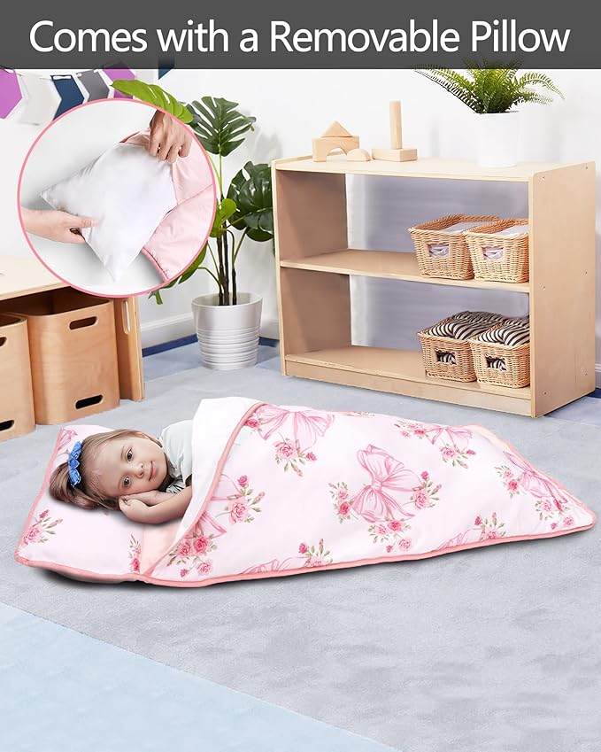 Primlect Lightweight Toddler Nap Mat, Portable Rolled Design Perfect for Daycare Travel, 51”x31 All-in-One Sleeping Bag with Removable Pillow and Fleece Blanket for Boys Girls, Machine Washable