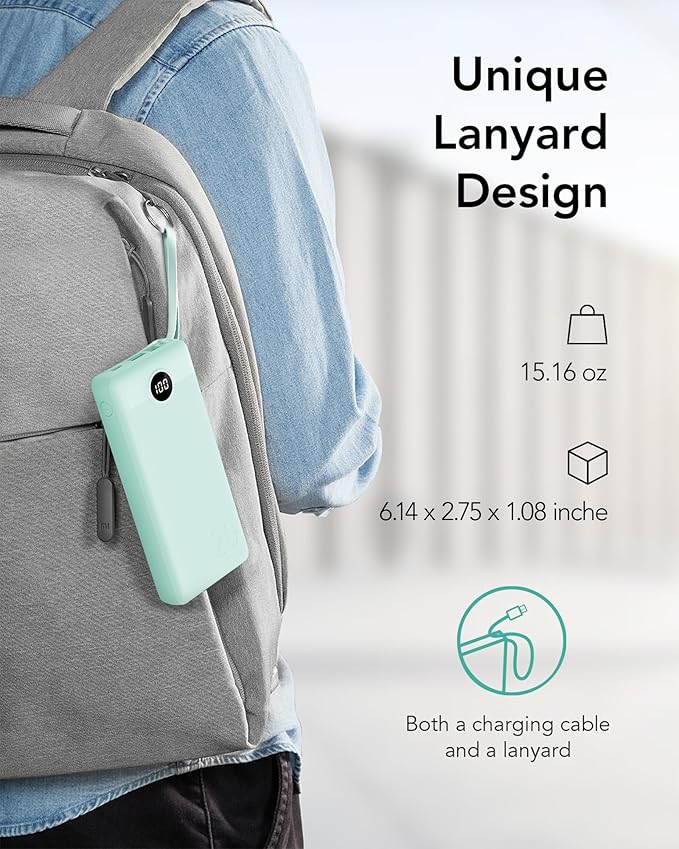 VRURC Portable Charger 20000mAh, Built-in Cables Fast Charging Power Bank, PD QC 3.0 Travel Essentials Battery Pack, 4 Output & 2 Input Phone Charger for iPhone16 15 14 13 X, Samsung, Android