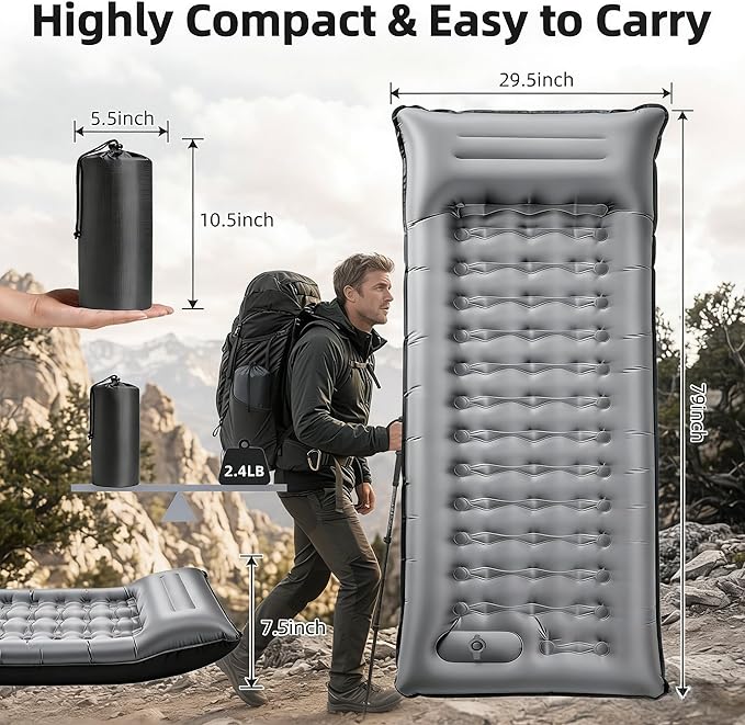 Camping Sleeping Pad, Extra Thick 6 Inch Camping Mat with Built-in Pillow & Foot Pump, Ultralight Inflatable Sleeping Pad for Backpacking Hiking Travel Tent(Gray)