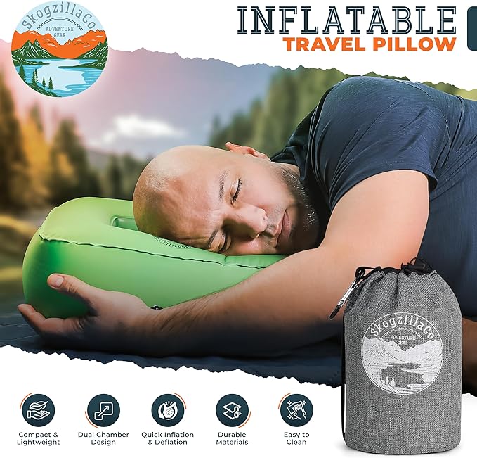 SkogzillaCo- Camping Inflatable Pillow Dual Chamber Ultralight Backpacking Pillow for Camping, Hiking & Travel, Blow Up Pillow with Adjustable Neck, Compact Portable- Green
