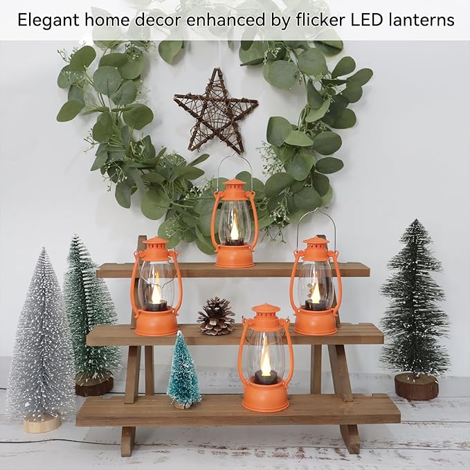 6Pcs Orange Mini Lanterns for Western Cowboy Party & Camping Decor, Small Western Lantern with LED Flickering Candle for Fall Halloween Christmas Wedding Festive Decorations, Centerpiece Table