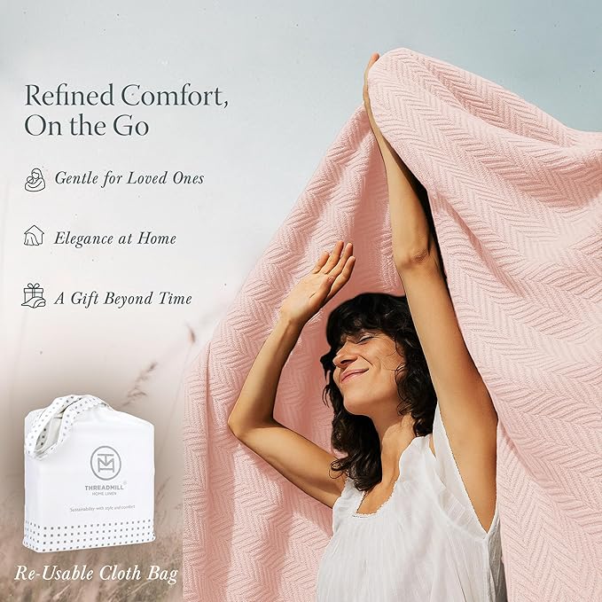 Threadmill Luxury Cotton Blankets for Twin Size Bed | All-Season 100% Cotton Twin Blanket for Bed | Herringbone Soft & Cozy Fall Thermal Blanket, 350GSM, 68x92 inches | English Rose