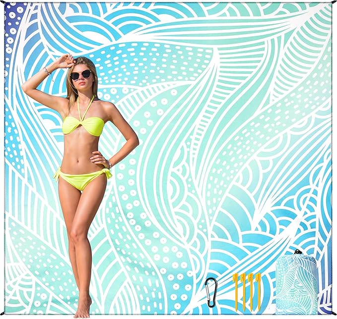 HIHOHO Beach Blanket Waterproof Sandproof Beach Mat for 1-8 Adults Quick Drying Durable Outdoor Picnic Mat for Beach Festival Travel Camping Hiking (Gradiant BL-Ripple, 79"×108"(6 Person))