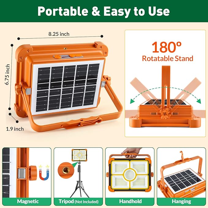 2-Pack Solar Rechargeable Work Light, 12000LM Portable Work Light with 12000mAh Battery, LED Flood Lights with 5 Modes, Outdoor Waterproof Job Site Lighting for Camping Repair Emergency Fishing