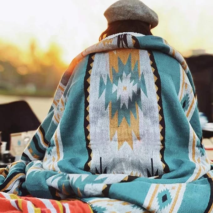 Aztec Patterned Throw Blanket with Soft Sherpa Lining 90”x90”, Traditional Southwestern Navajo Tribal Style Warm Throw for Home Decor, Light Weight Cozy Boho Blanket for Bed, Couch, Sofa, Teal