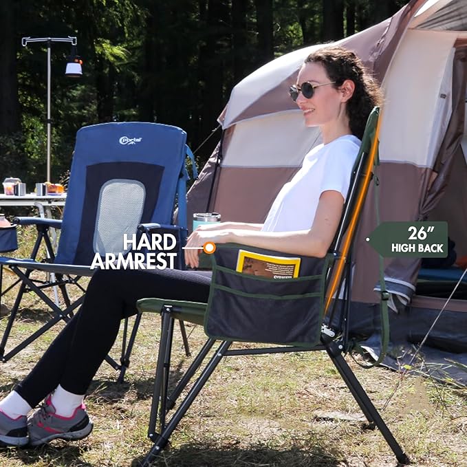 Portal Oversized Folding High Back Portable Lawn Chairs for Adults Outdoor Camp Sports Hunting Fishing Backyard with Hard Armrest Cup Holder Carrying Strap, Supports 400LBS, Green