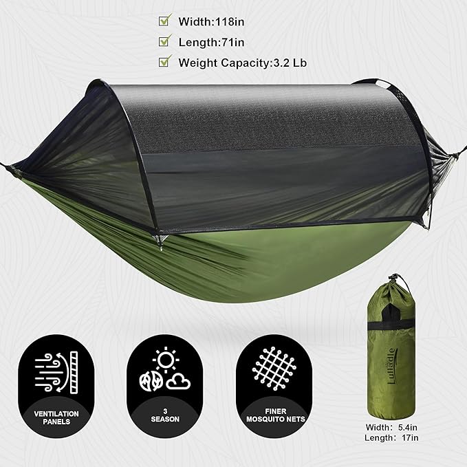 Lulladle Camping Hammock - (Double/Single) Hammock Portable with Tree Straps and with Mosquito Net，Nylon Hanging Hammock Easy Setup and Pack for Outdoor, Hiking and Backyard