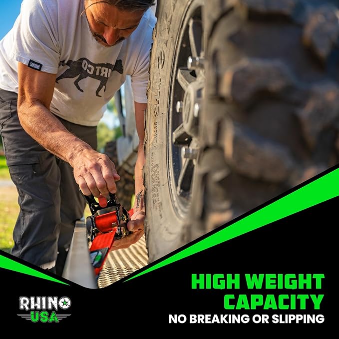 Rhino USA Retractable Ratchet Straps (2-Pack) - 2 Inch x 10 Feet (3,033lb Break Strength) - Heavy Duty Auto Self Retracting Tie Down Straps for Truck, Cargo Trailer, Motorcycle, Rad & More - Red