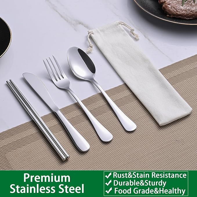 DEHOV Travel Utentils Set With Pouch,Reusable Portable Camping Silverware Set Knife Spoon Fork Chopsticks For Picnic,Travel Accessories Gadgets,Picnic Essentials