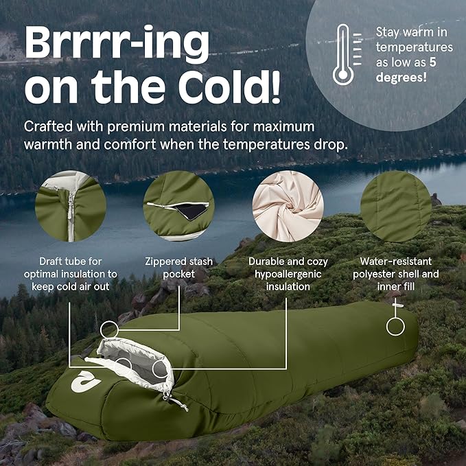 Retrospec Dream Mummy Sleeping Bag - 5, 15, & 30°F Cold Weather Camping & Travel Essential Gear with Water - Resistant Shell & Synthetic Fill - Zippered Pocket & Stuff Sack