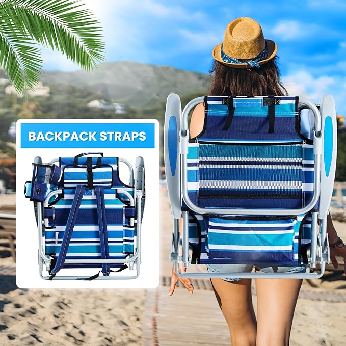 Portable Beach Chair for Adults, Outdoor Camping Chair Lay Flat Folding Backpack Beach Reclining Chair with 5 Positions, Headrest, Cup Holder, Heavy Blue Striped