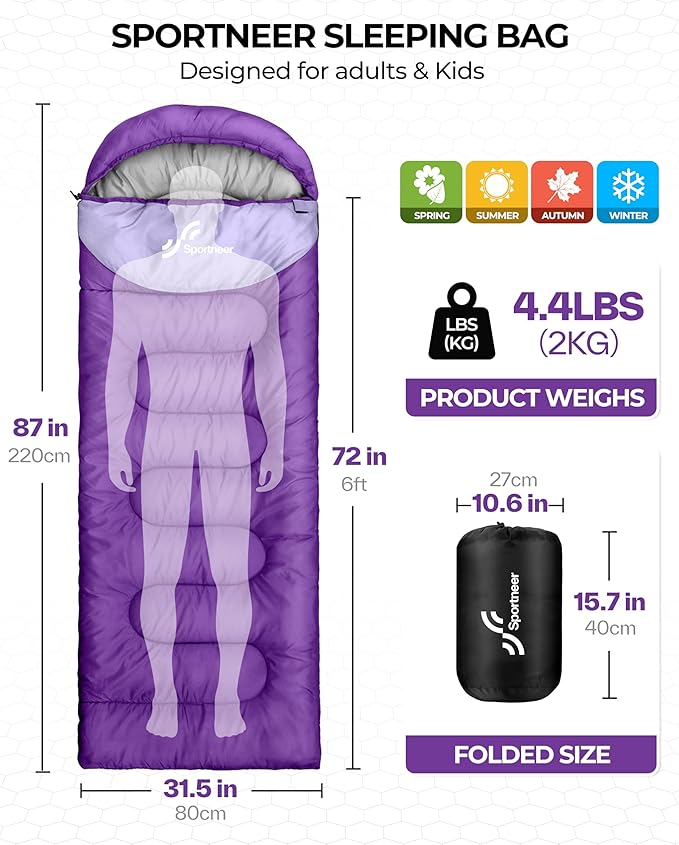 Sportneer Sleeping Bag for Adults & Kids, Cold Weather & Warm Waterproof Camping Sleeping Bag, Compact Portable for Camping Hiking & Travel