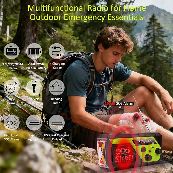 Weather Radio 22000mWh AM FM NOAA Emergency Radio with 4 Charging Cables, Flashlight, Reading Light, SOS Alarm, Phone Charging Hand Crank Radio for Home Outdoor Emergencies.