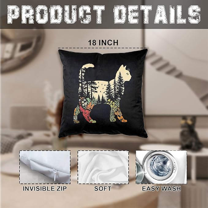 Boho Forest Cat Pillow Cover 18x18, Cat Lover Mom Lady Gifts, Nature Forest Tree Wildflower Floral Kitty Decorative Throw Pillow Cover for Home Bedroom Living Room Sofa Couch