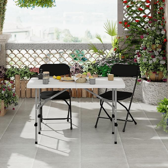 OS MOTOR 4ft Folding Table with Carry Handle, Portable Heavy Duty Plastic Utility Table with Steel Legs for Party, Wedding, Camping, Indoor, Outdoor Event, 48 Inch, White