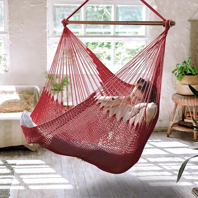 Upgraded Caribbean Hammock Chair with Detachable Metal Bar, Large Hammock Swing Chair, XL Rope Hanging Chair for Outdoor Indoor, 330 LBS Weight Capacity, FireBrick