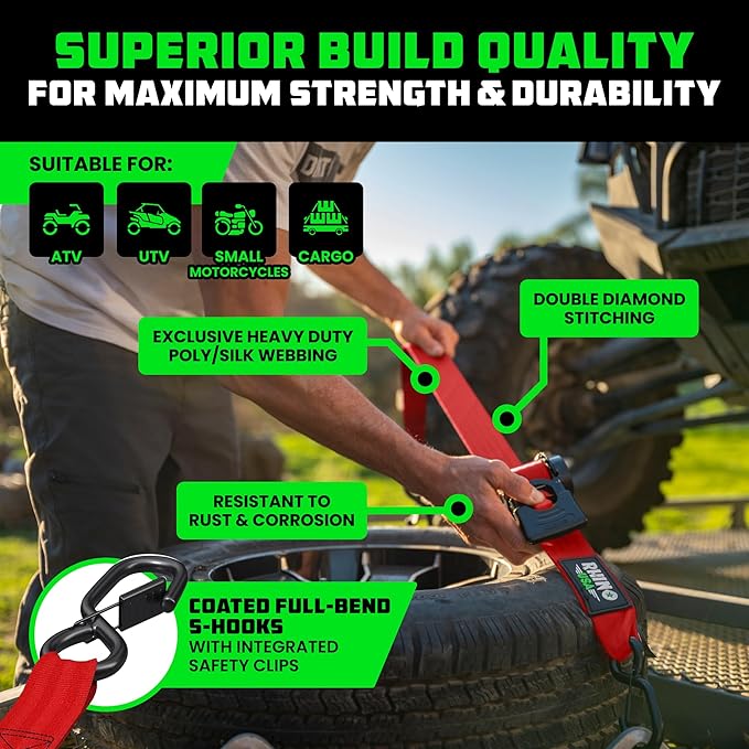 Rhino USA Retractable Ratchet Straps (4-Pack) - 2 Inch x 10 Feet (3,033lb Break Strength) - Heavy Duty Auto Self Retracting Tie Down Straps for Truck, Cargo Trailer, Motorcycle, Rad & More - Red