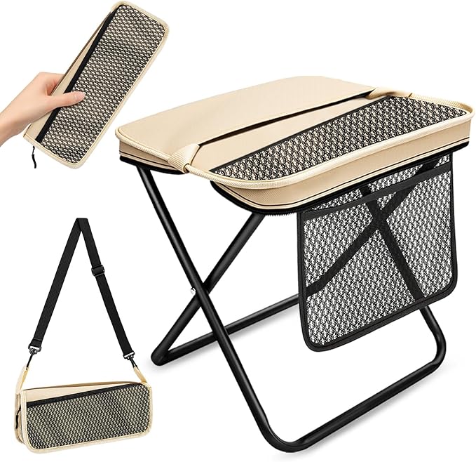 XL Portable Chairs for Adults, 14.2" Tall & Wide Knee-Friendly Folding Stool Pocket Chair, Foldable Backpack Stool, Heavy Duty Collapsible Camping Seat for Fishing Travel - Khaki