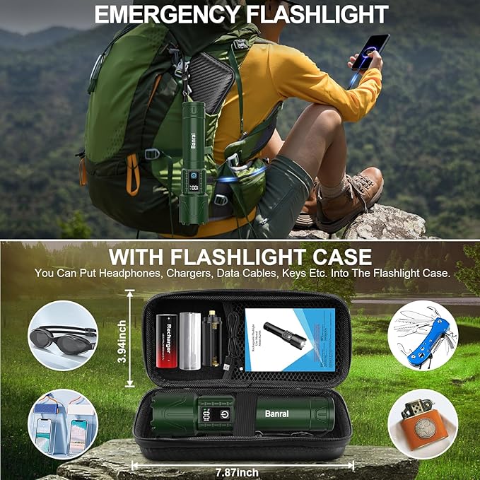 Rechargeable Tactical Flashlights 2000 High Lumens - 5000mAh Super Bright LED Powerful Flash Light, Waterproof Handheld USB C Flashlight for Home,Car,Camping,Emergencies,5 Modes,Zoomable (2, Green)