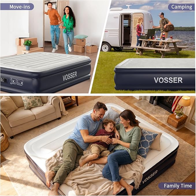 VOSSER Air Mattress Queen with Built-in Pump, 18" Raised Inflatable Blow Up Mattress,Upgraded Heavy Duty 800lbs Portable Air Bed for Home, Guests,Floor& Camping, Self Inflating Colchon Inflable Queen