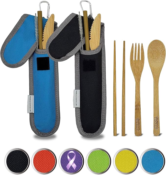 Travel Utensils with Case Set Fork, Knife, Spoon, Chopsticks, Straw, Straw-cleaning brush, Travel Pouch and Carabiner, Excellent For Everyday Use! ((2 Sets) Midnight Black/Sky Blue)