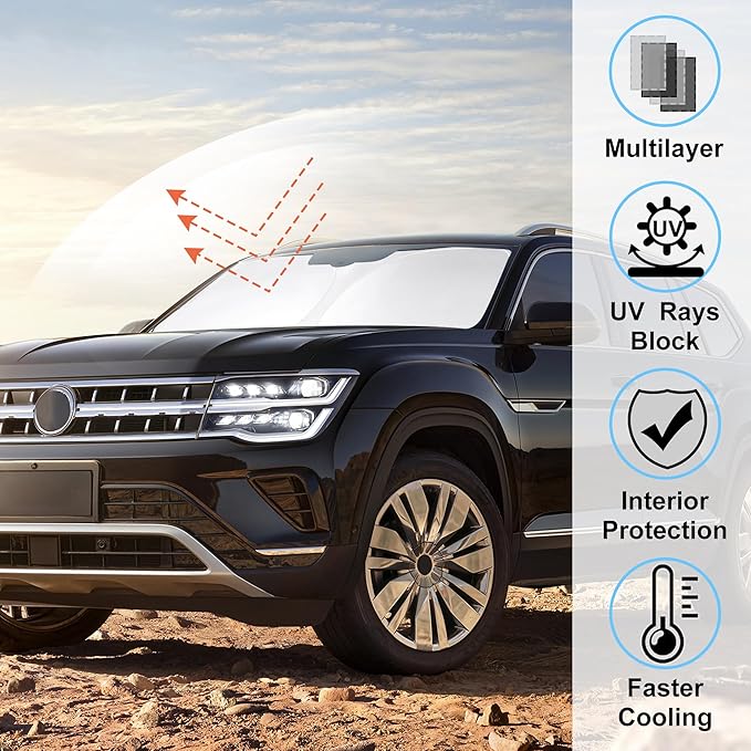 Windshield Sun Shade Custom Fit 2018-2023 2024 2025 2026 Volkswagen Atlas VW Atlas Cross Sport Accessories Front Window Sunshade Keep Your Car Interior Cooler
