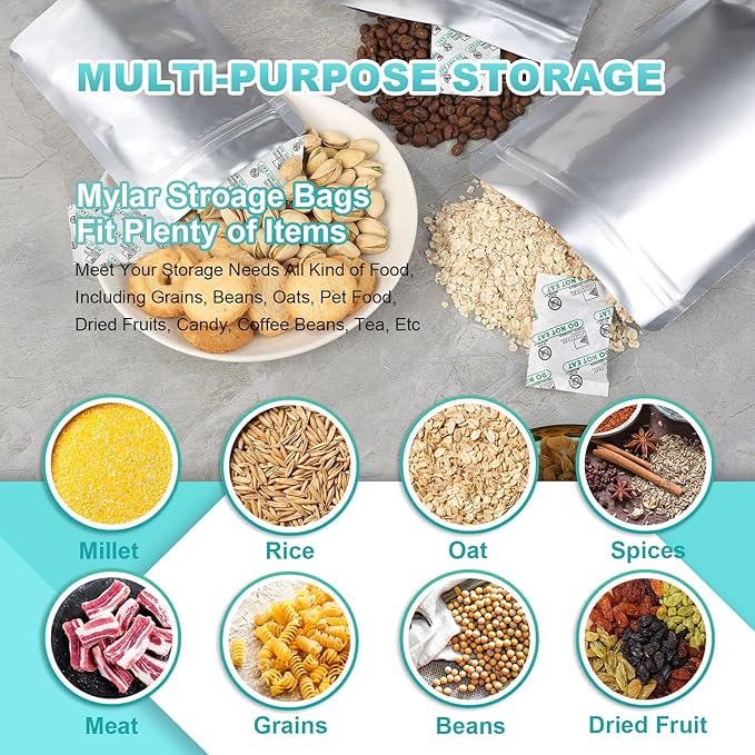 SHXWELL 50pcs 1 Quart Mylar Bags for Food Storage with Oxygen Absorbers 200CC (6 Packs of 10pcs) and Labels, 10 Mil 7"x10" Zipper Pouches Resealable and Heat Sealable for Long Term Food Storage
