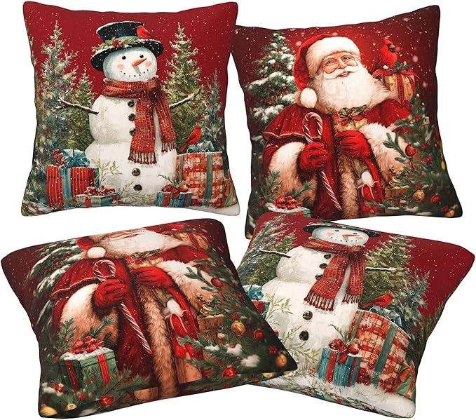 Santa Claus Throw Pillow Covers 18 X 18 Inch Set of 4 Decorative Cushion Cover Home Decor for Sofa Chair Couch Bedroom Living Room