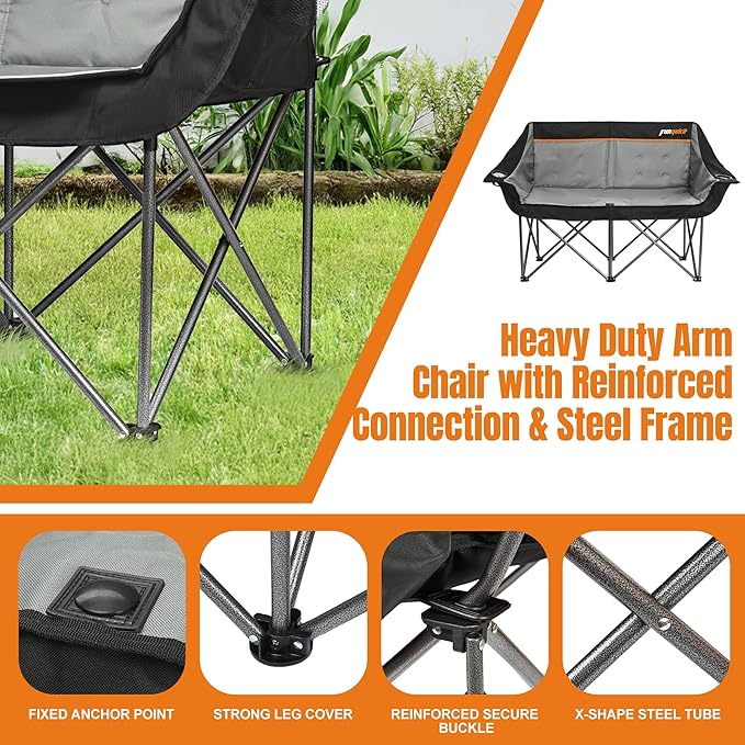 Heavy Duty Double Camping Chair 600LBS Capacity, Fully Padded Folding Camping Chairs Loveseat, Big Oversize Outdoor Patio Lawn Chair with Arm Cup Holder for Camping, Fishing, Beach
