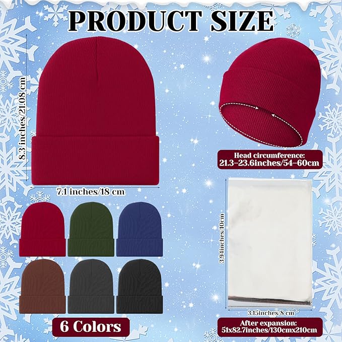 Cutecrop 120 Pcs/60 Sets Homeless Care Package Supplies Bulk Winter Beanie Hat Emergency Thermal Blankets for Charity Donation