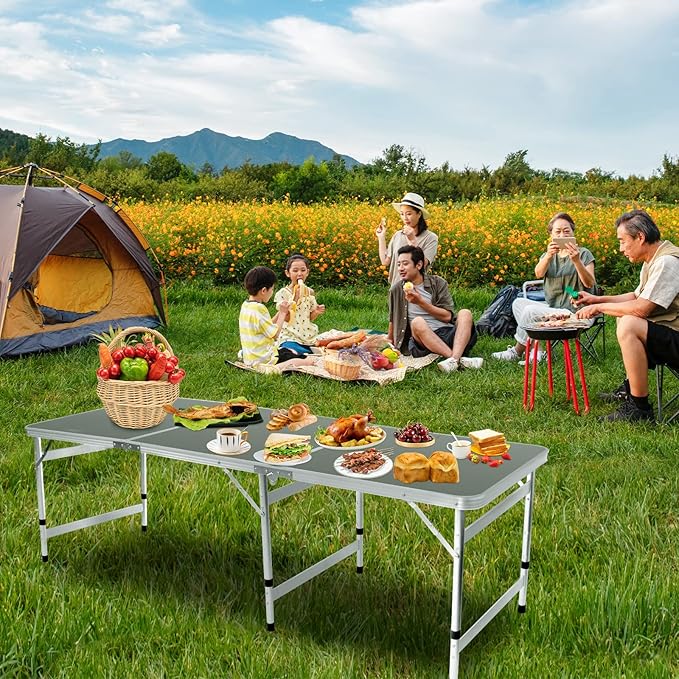 Moosinily Camping Table 6FT Folding Table Large 3 Adjustable Height Portable Picnic Camp Aluminum Outdoor Table Picnic BBQ Black