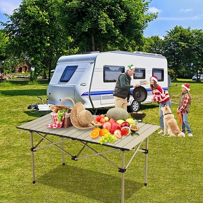 Folding Camping Table, Portable Beach Table,with Portable Bag，Suitable for Indoor, Outdoor, Camping, Backyard, Party, Patio, The Yellow Camping Table at The Beach