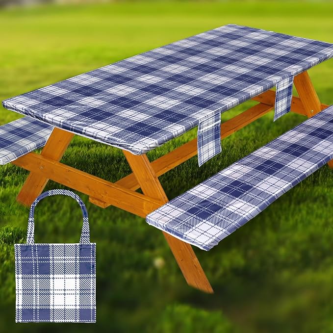 Fitted Picnic Table Cover with Bench Covers Waterproof Elastic Edges Rectangle Patio Tablecloth Outdoor Camping Essentials Stuff Rv Accessories Summer Trip Travel Camper Gifts for Woman Men, 72in 6 ft