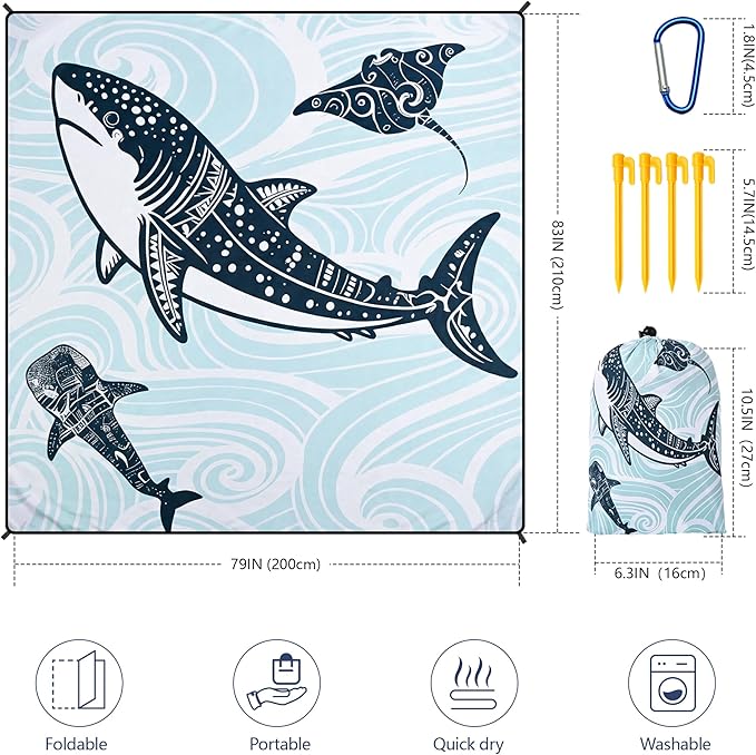 HIHOHO Beach Blanket Waterproof Sandproof Beach Mat 79”x 83” for 1-8 Adults Quick Drying Durable Outdoor Picnic Mat for Beach Festival Travel Camping Hiking (Shark, 79"×83"(4 Person))